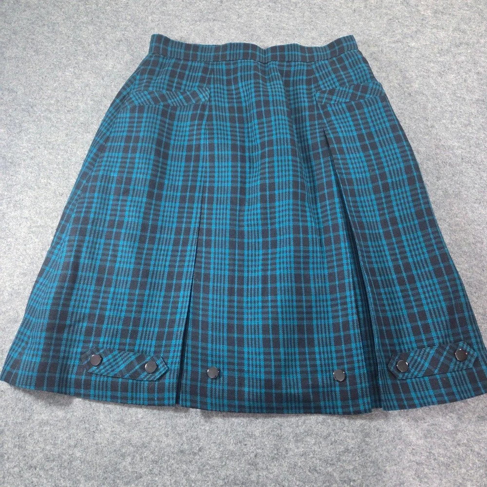 Pendleton Wool Plaid Skirt Teal Black Pleated A-Line Button Hem Vintage Style